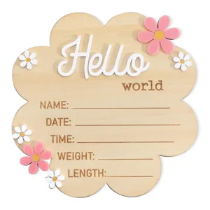 Newborn Wood Milestone Announcement Card Baby Monthly Photo Prop Wooden Hello World Sign Newborn Photography Props Nursery Decor