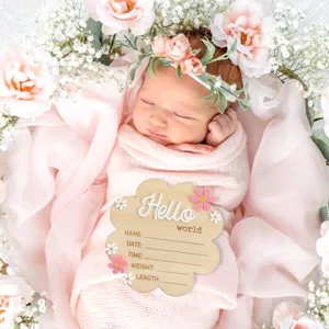 Wooden newborn birth announcement card with Hello world design for baby photography props.