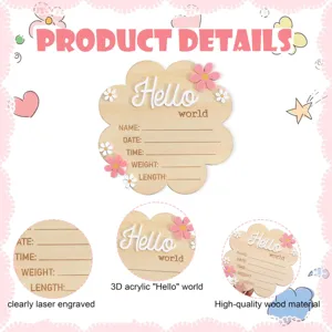 Wooden newborn baby milestone announcement card with 3d acrylic hello world sign for photo.