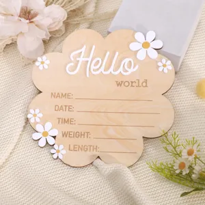 Wooden newborn milestone announcement card, baby photo prop with hello world design.