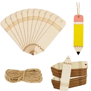 Marcapáginas de madera en forma de lápiz etiquetas en blanco con cuerda para manualidades.