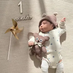 Wooden monthly milestone photo prop set featuring natural rustic design for baby growth tracking.
