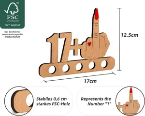 Vista detallada del soporte de dinero de madera FSC de 17 años con grosor de 0,6 cm.