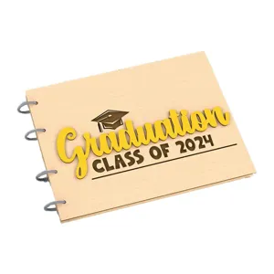 Wooden graduation photo album cover detail showing exquisite 3D text and spiral binding design.