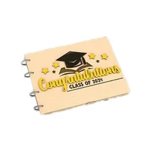 Wooden graduation photo album cover with metal rings, class of 2024 commemorative wooden gift.