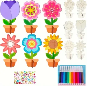 Niños DIY maceta de madera juego de pintura con rotuladores de colores y pegatinas de pedrería.