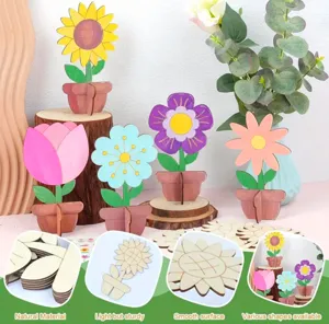 Detalle de artesania de flores de madera DIY con material natural y varias formas.