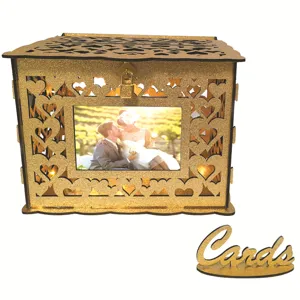 Gold glitter wooden wedding card box with heart hollow design, photo frame and lock for party.