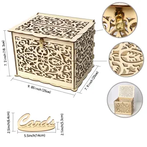 Wooden wedding card box detail showing hollow-out pattern, metal lock, and size dimensions.