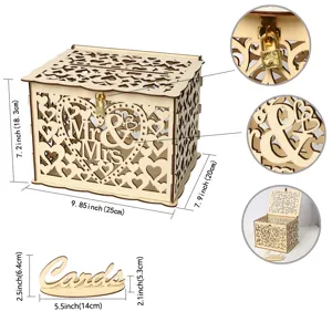 Wooden wedding card box with lock and hollow heart design, perfect for rustic wedding decor.