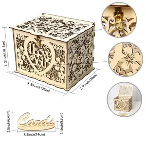 Wooden wedding card box detail showing hollow floral pattern heart cutout lock and dimensions