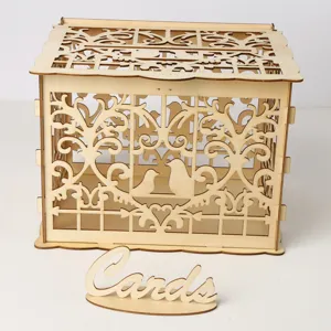 DIY wooden wedding card box with hollow bird design and matching cards sign for party decor