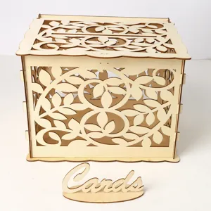 Wooden hollow wedding card box with matching Cards sign for party decoration and gift collection.