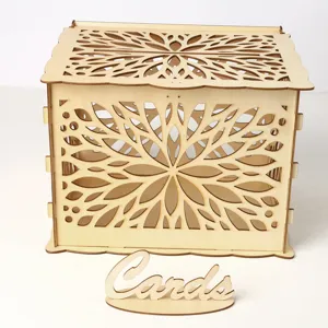 Wooden wedding card box with hollow floral design and Cards sign for party decor.