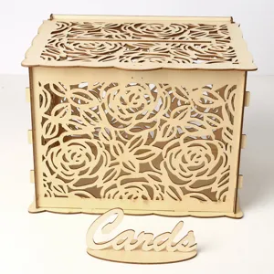 Wooden rose carved wedding card box detail view showing hollow floral pattern and table sign.