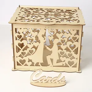 Wooden wedding card box with laser cut heart patterns and a sweet proposal couple silhouette.