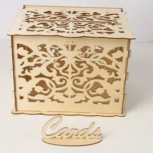 Wooden wedding card box with hollow carved design and matching cards sign for celebration events.