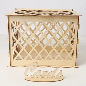 Wooden wedding card box with hollow lattice design and separate Cards sign for party decor.