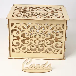 Wooden wedding card box with hollow carved design and matching Cards sign for celebrations.