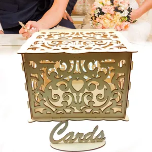 Wooden wedding card box with hollow carved design, perfect for wedding reception party.