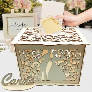 Detailed view of wooden wedding card box with intricate hollow heart and couple silhouette design.