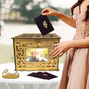 DIY Wooden Wedding Card Box Hollow Gift Card Holder Money Box with Lock for Wedding Party Reception Decor