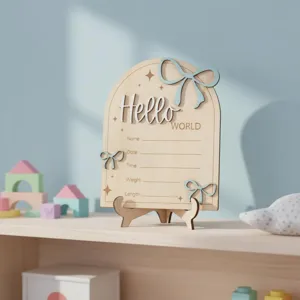 Targa di nascita neonato in legno cartello milestone con fiocchi carini vista dettaglio decoro