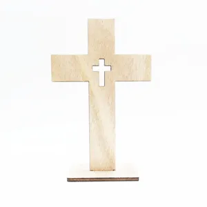 Wooden cross craft detail showing hollow design and stable base for festival decor.