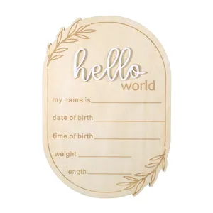Targa di Annuncio di Nascita per Neonato in Legno Hello World Placca Milestone Decorazione Rustica per Stanza Accessorio Fotografico