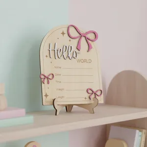 Targhetta di nascita in legno per neonato con fiocco rosa design ad arco come ricordo