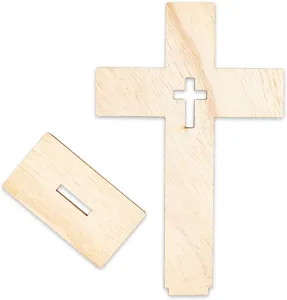 Wooden cross craft ornament set, DIY table top religious decoration, natural wood grain decor.