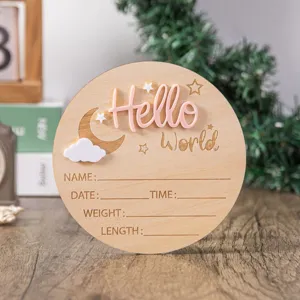 Newborn birth announcement wooden sign baby photo prop milestone disc hello world wood board