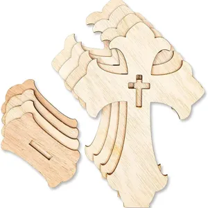 Wooden Cross Ornaments Paulownia Wood Hollow Cross Craft With Base Tabletop Home Decor Holiday Craft Decoration
