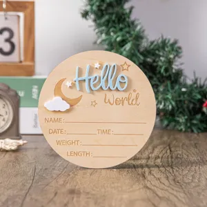 Wooden Hello World birth announcement sign newborn photography prop milestone plaque.
