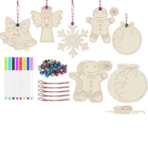 DIY wooden Christmas tree ornaments painting kit with markers bells and strings for kids crafts.