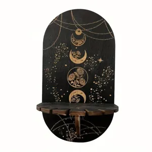 Schwarzes Holz Kristall Wandregal mit Mond und Blumen Gravur, Boho Deko Display Halter.