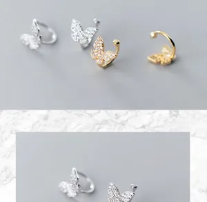 S925 zilveren vlinder oormanchet voor vrouwen, sprankelende kristallen clip oorbellen detail.