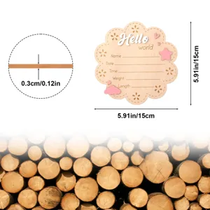 Wooden newborn milestone card with Hello world engraving and baby info tracking details.
