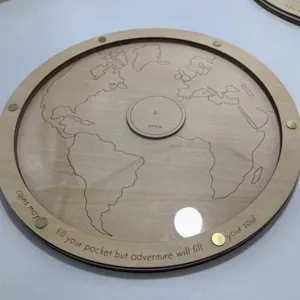 Personalized wooden coin box detail, clear acrylic world map travel fund savings bank.