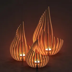 Wooden candle holders set with hollow lotus design, ideal for home decor and warm cozy ambiance.