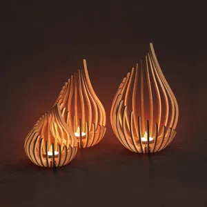 Wooden tea light candle holder set, creative lotus shape hollow wooden candlestick for home decor.