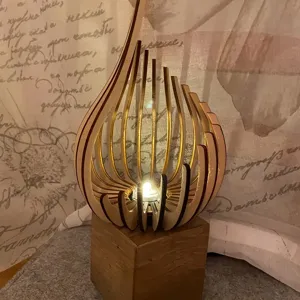 Wooden decorative candle holder with unique lotus flame design and solid wood base for home decor.