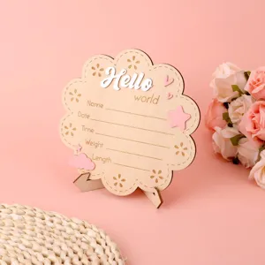 Wooden newborn milestone photo prop card, cute baby birth announcement sign with custom details.