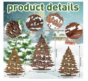 Set de 3 sapins de Noël en bois avec design creux de scène de nativité et support enfichable.
