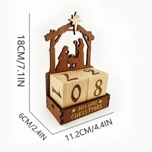Wooden Christmas advent calendar ornament with numeric blocks and nativity scene.