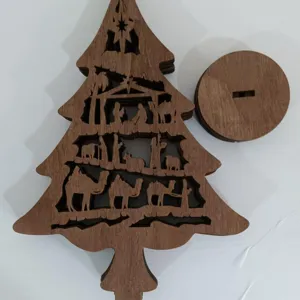 Décoration d'arbre de Noël en bois ornement de scène de nativité creuse avec base pour fêtes