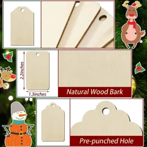Étiquettes artisanales en bois naturel vierges avec trous pré-perforés, surface polie lisse.