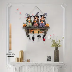 Halloween wooden flat witch key holder wall hanging hook detail view with thickness spec