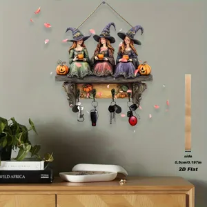 Halloween witch wooden key holder wall decor 2D flat plaque with hooks for home interior.