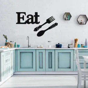 Kitchen wall art decor black wooden Eat sign fork and spoon hanging plaque for home dining room.
